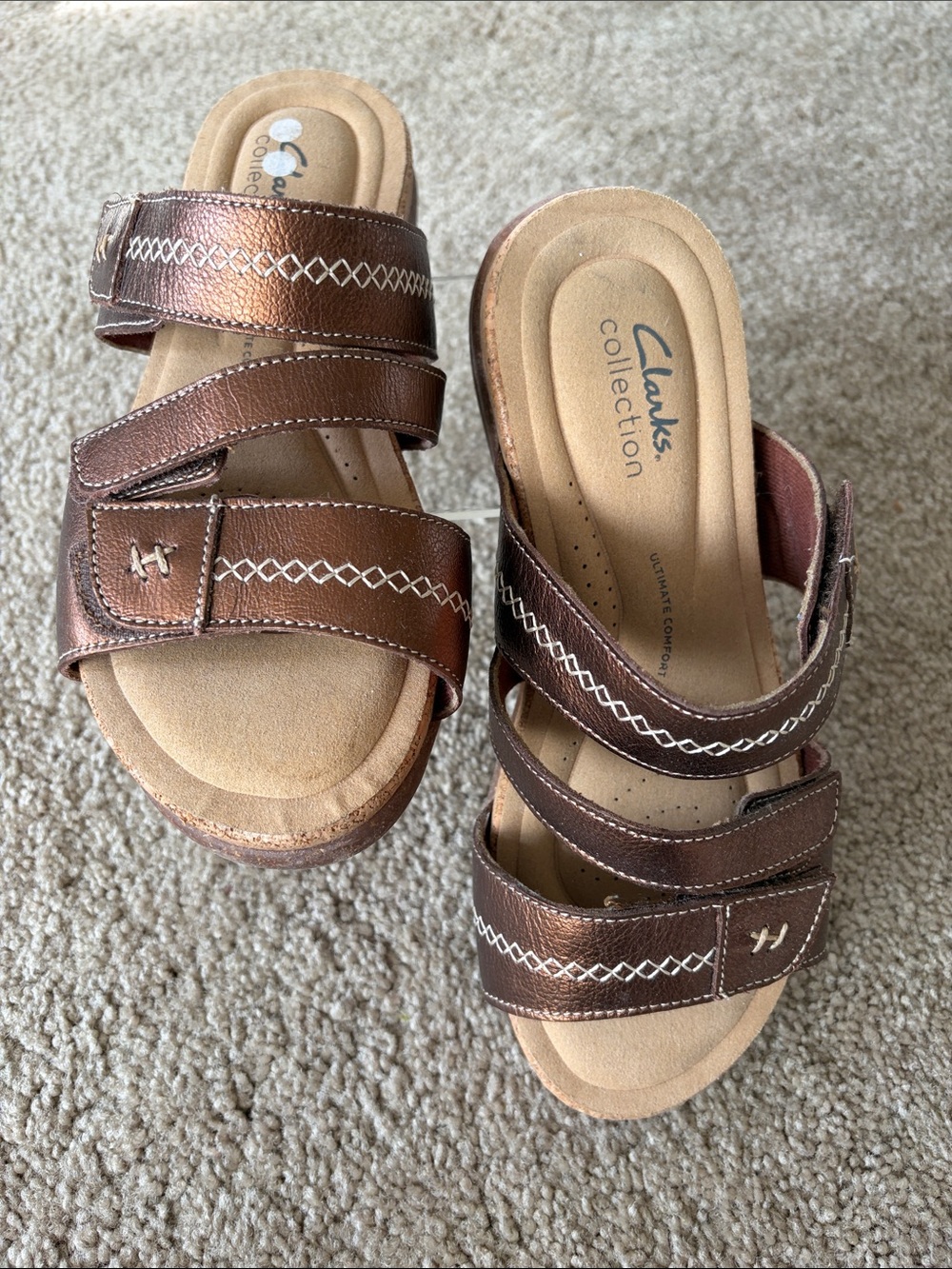 Clarks Collection Roseville Bay Metallic Brown Leather Adjustable Sandals Size 8